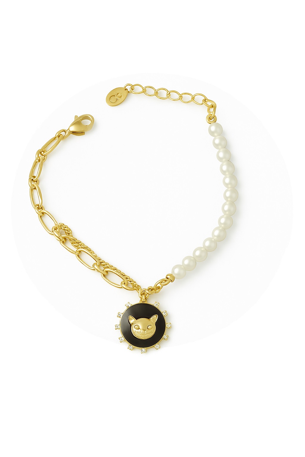 دست بند مرواریدی طلایی پلاک گربه ای  کد 2654